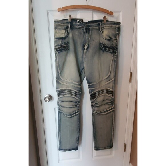 Waimea Mens Moto Jeans Size 42 Skinny Fit Light Blue Denim Wash Distressed Look - Picture 2 of 12